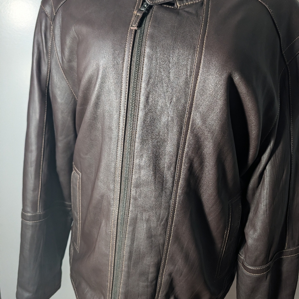 Max USA Men's Brown Leather Zip-Front Racer Button Jacket Size M - Picture 3 of 9